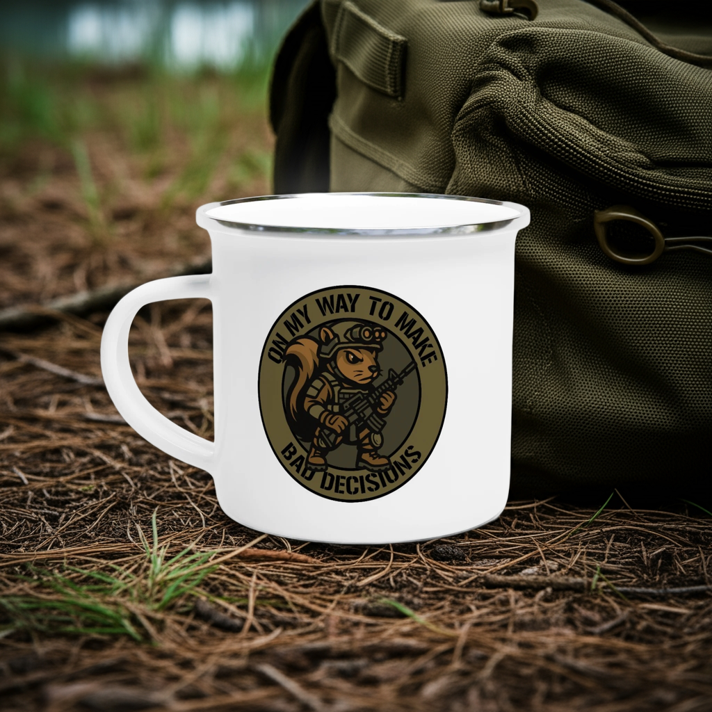 Taza de esmalte blanca de 355 ml "Malas decisiones"